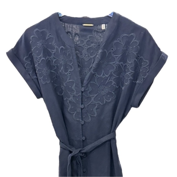 ELIE TAHARI Linen Blend Cap Sleeve Eyelet Trim Navy Blue Knee Length Dress - Picture 11 of 12